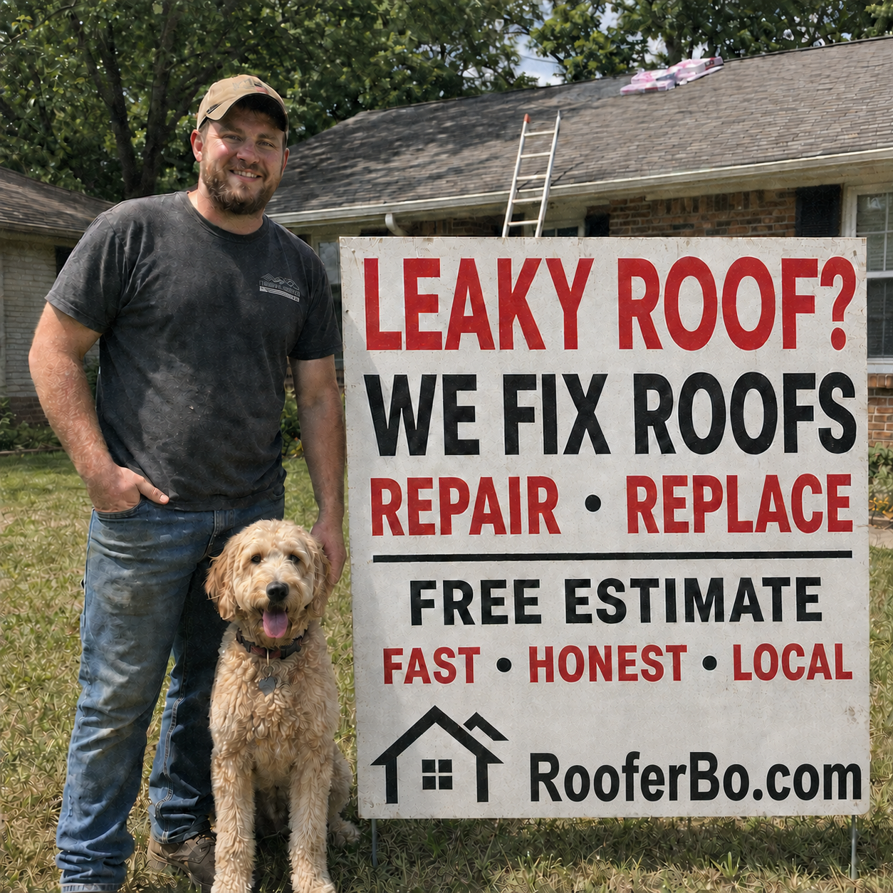 Roofer Bo with his dog beside a sign offering roof repair, replacement, and free estimates